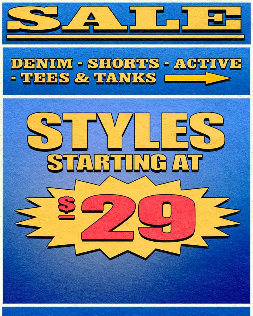 Styles starting at $29. Sale on denim, shorts, active, tees, and tanks.